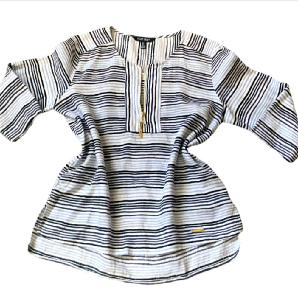 Ellen‎ Tracy Striped Linen Tunic Top 1/2 Zip Tassel Blue & White Sz L #43N